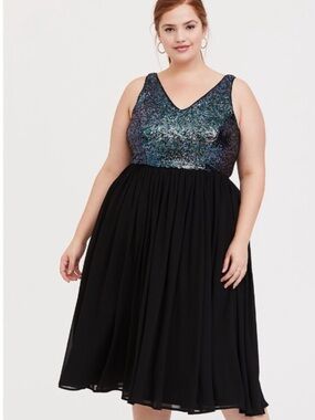 Torrid Size 22 Plus Size V-Neck Black Dress with Iridescent Sequin Bodice